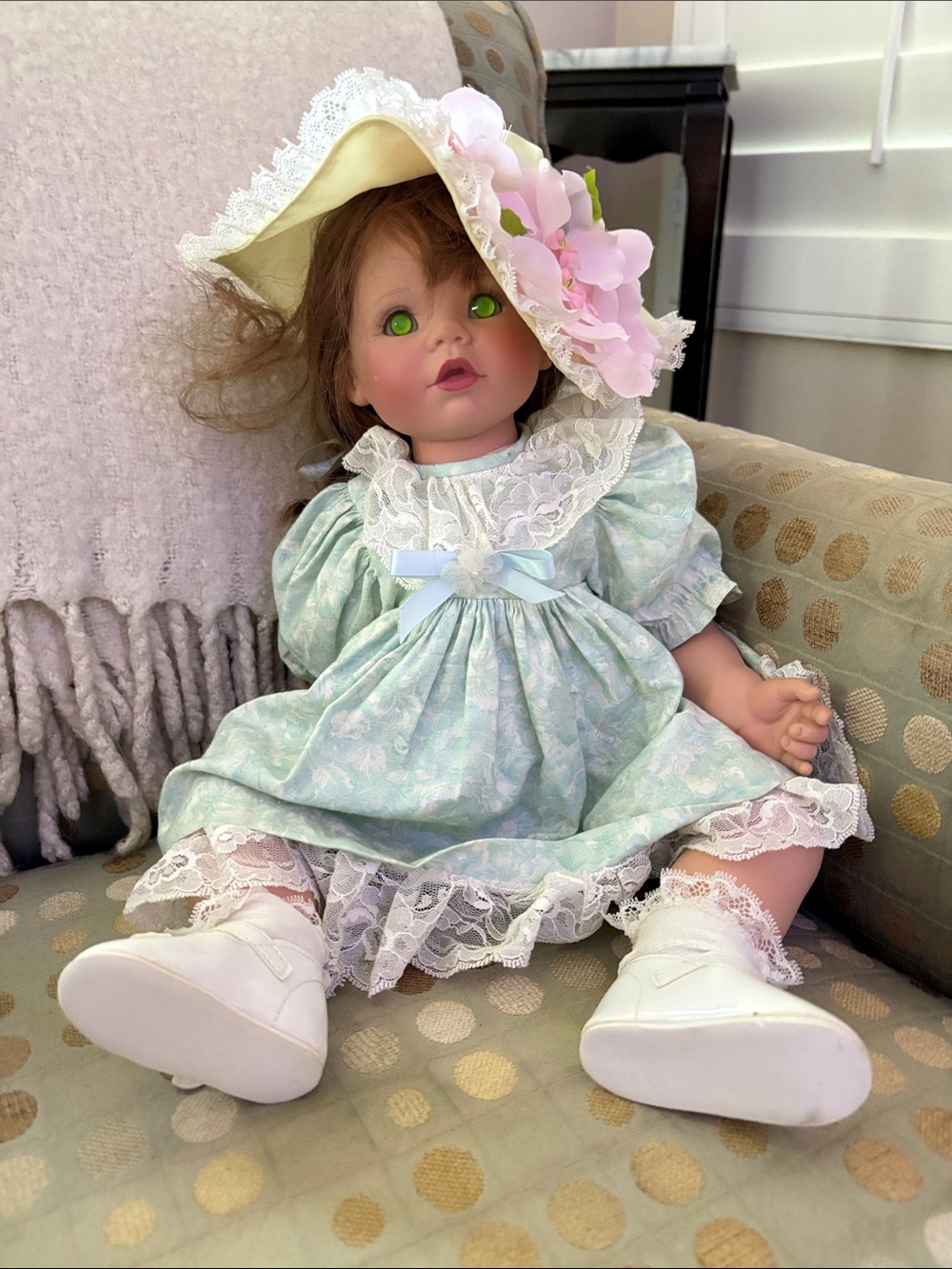 Classic Pastel Green Baby Doll with Floral Bonnet